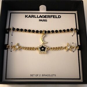 Karl Lagerfeld 2PC Gold Tone Moon & Star Slider Bracelet Set Crystal Accents NIB